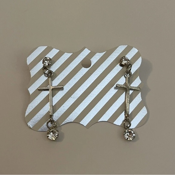 Silver Rhinestone Cross Earrings Costume Jewelry - Picture 1 of 3